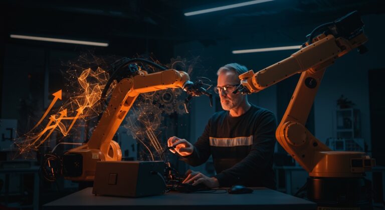 Ingeniero senior en robótica trabajando con brazo robótico impulsado por IA en startup tecnológico de automatización industrial.