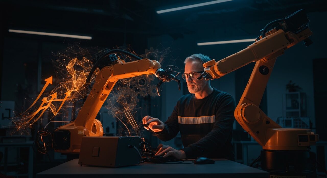 Ingeniero senior en robótica trabajando con brazo robótico impulsado por IA en startup tecnológico de automatización industrial.