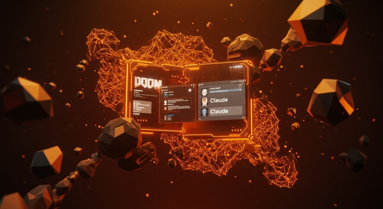 Integración visual de DOOM con ChatGPT y Claude mostrando aplicaciones interactivas de IA bajo el modelo MCP con 110 millones de descargas.
