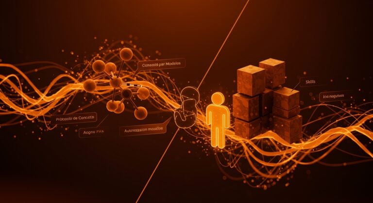 Visualización de la comparación MCP versus Skills para dotar capacidades a LLMs, mostrando integración y escalabilidad en inteligencia artificial para agentes automatizados.