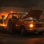 Mecánico cubano adaptando coche con gasógeno artesanal, símbolo de innovación frugal y movilidad alternativa ante la crisis energética.