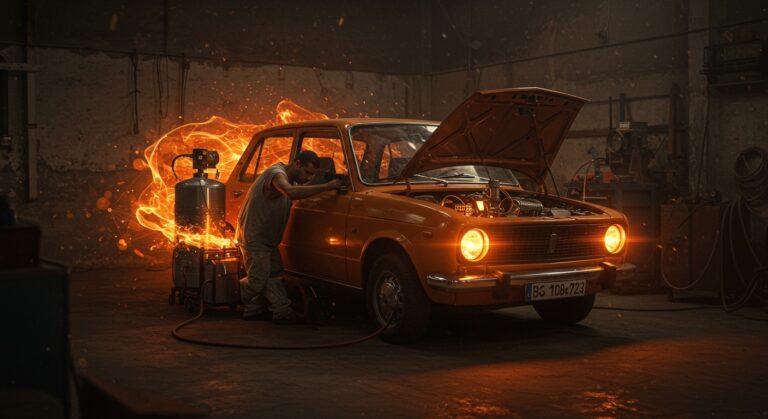 Mecánico cubano adaptando coche con gasógeno artesanal, símbolo de innovación frugal y movilidad alternativa ante la crisis energética.