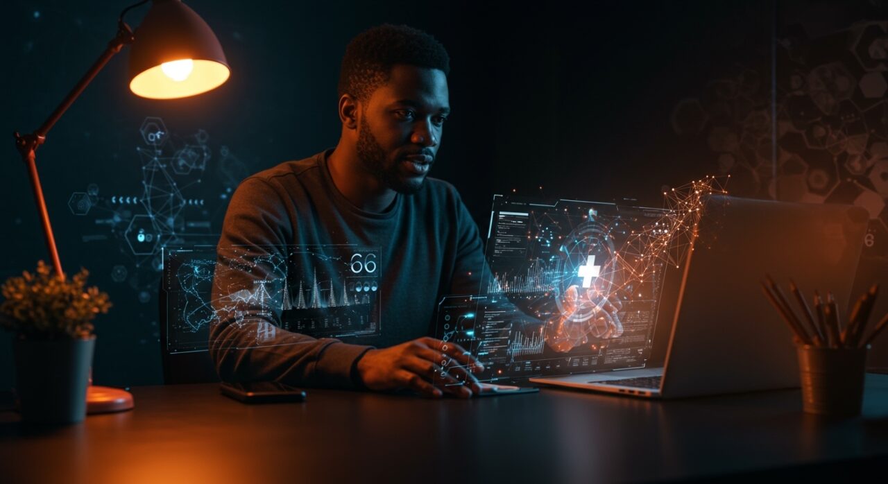 Fundador de startup de IA en telemedicina analizando datos médicos holográficos, simbolizando innovación y retos en regulación y ética.