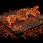 Memristor bio-híbrido con ADN sintético y perovskita en tonos naranja y negro representando tecnología de almacenamiento de datos para IA sostenible y eficiencia energética.