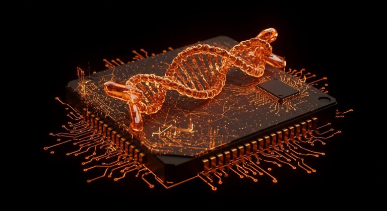 Memristor bio-híbrido con ADN sintético y perovskita en tonos naranja y negro representando tecnología de almacenamiento de datos para IA sostenible y eficiencia energética.