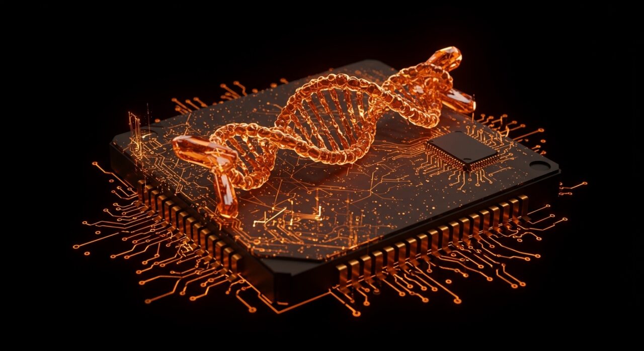 Memristor bio-híbrido con ADN sintético y perovskita en tonos naranja y negro representando tecnología de almacenamiento de datos para IA sostenible y eficiencia energética.