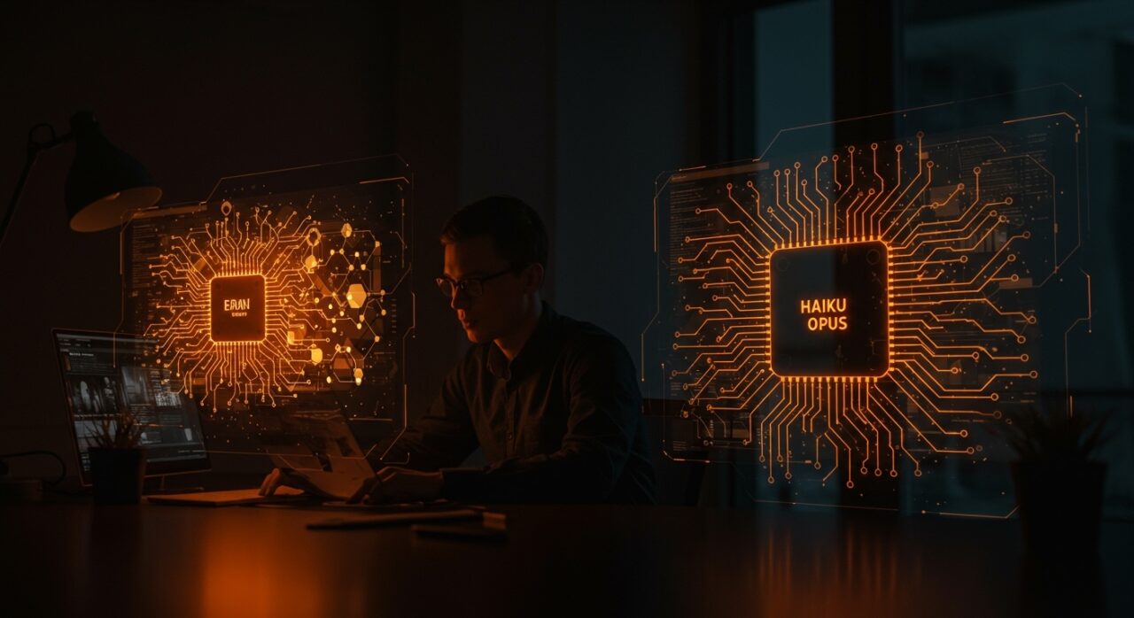 Optimización de costos en modelos LLM con arquitectura Haiku-Opus representada mediante sistemas digitales y metáforas visuales de redes neuronales en paleta naranja y negro para startups de IA.