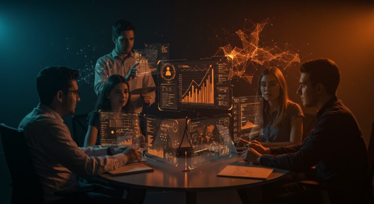 Equipo de ventas entrenándose con inteligencia artificial y simulaciones para mejorar productividad comercial en startups latinoamericanas.