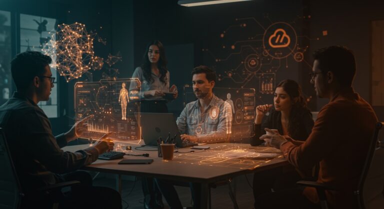 Equipo comercial entrenándose con simulaciones de ventas impulsadas por inteligencia artificial de MentorU, startup chilena en capacitación comercial IA.