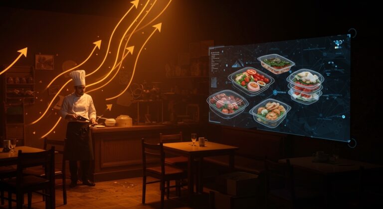 Crisis en la hostelería de España con menú de tres platos y comida preparada, mostrando impacto del teletrabajo y oportunidades para foodtech.