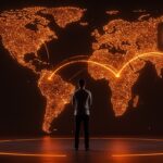 Inversión de Mercado Libre en Gradient Ventures Fondo 5 impulsando startups de inteligencia artificial en América Latina, representado con un fundador frente a un mapa digital iluminado y energía naranja simbólica.