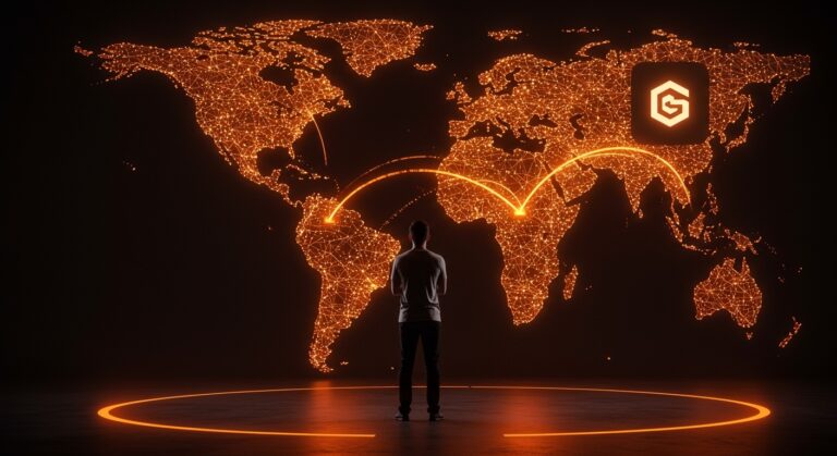 Inversión de Mercado Libre en Gradient Ventures Fondo 5 impulsando startups de inteligencia artificial en América Latina, representado con un fundador frente a un mapa digital iluminado y energía naranja simbólica.