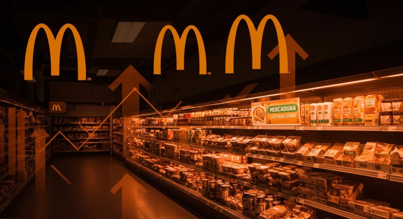 Sección 'Listo para comer' de Mercadona destacando su liderazgo en comida preparada frente a McDonald's y Burger King en España, con metáforas visuales de tendencias y crecimiento en retail foodtech.