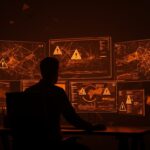 Founder de startup IA enfrentando riesgos de fraude interno e infiltración norcoreana, representado con redes neuronales y advertencias digitales en estilo editorial.