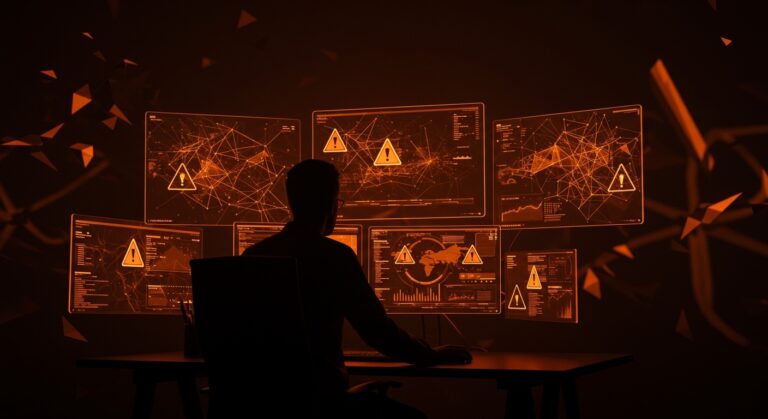 Founder de startup IA enfrentando riesgos de fraude interno e infiltración norcoreana, representado con redes neuronales y advertencias digitales en estilo editorial.