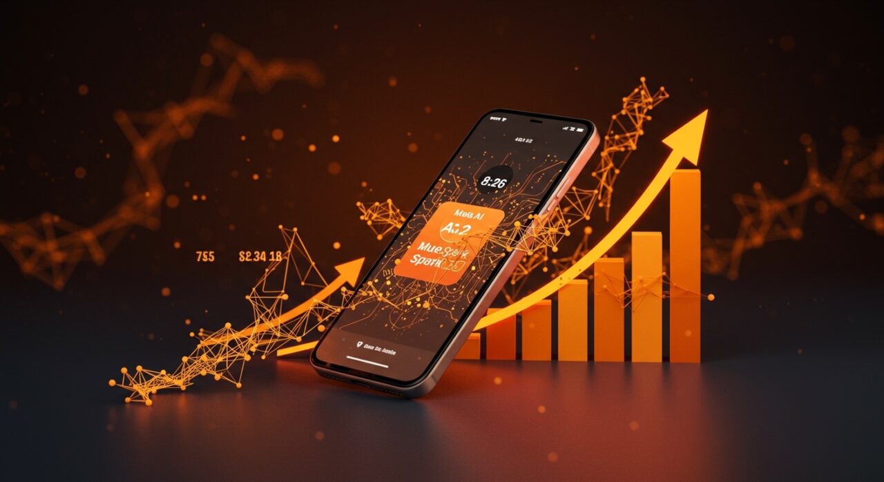 Meta AI Muse Spark subiendo al top 5 del App Store representado con gráfico digital ascendente y elementos visuales de inteligencia artificial en tonos naranja y negro.