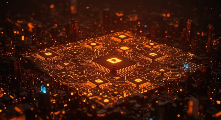 Millones de CPUs AI de Meta y Amazon conectados en una red digital futurista mostrando tendencias en hardware AI y reducción de costos para startups en 2026.