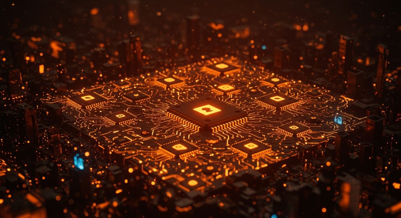 Millones de CPUs AI de Meta y Amazon conectados en una red digital futurista mostrando tendencias en hardware AI y reducción de costos para startups en 2026.