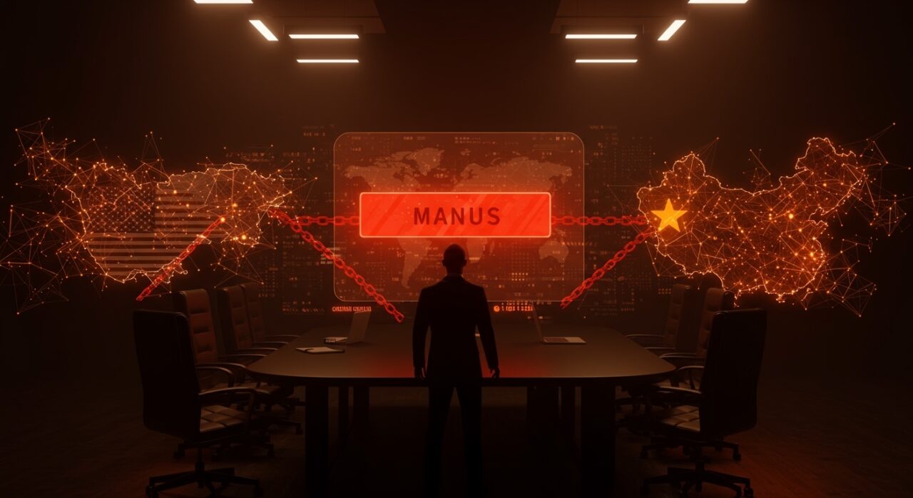 Meta bloqueada por China en la compra de startup IA Manus, simbolizando riesgos geopolíticos en operaciones transfronterizas de tecnología e inversión en IA.