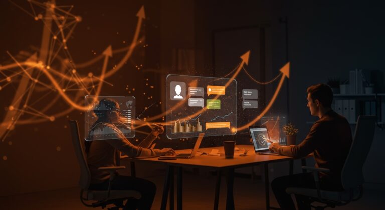 Interacción de startup con Meta Business AI y WhatsApp Business mostrando crecimiento en conversaciones y automatización para reducir CAC.