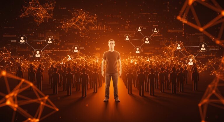 Clon digital de Mark Zuckerberg en avatar IA empresarial representando liderazgo escalable para 78.000 empleados en Meta mediante inteligencia artificial y automatización.