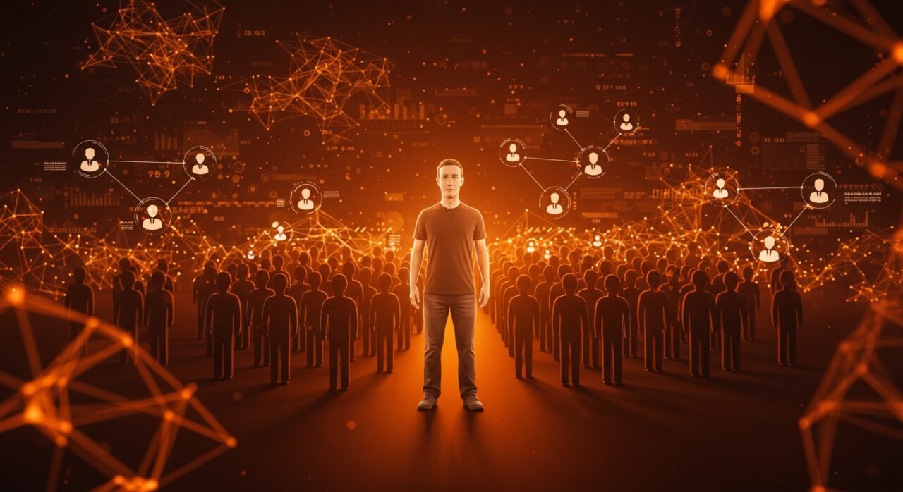 Clon digital de Mark Zuckerberg en avatar IA empresarial representando liderazgo escalable para 78.000 empleados en Meta mediante inteligencia artificial y automatización.