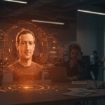 Clon digital fotorrealista de Zuckerberg en holograma interactuando con empleados, ilustrando IA para liderazgo empresarial y automatización en startups.