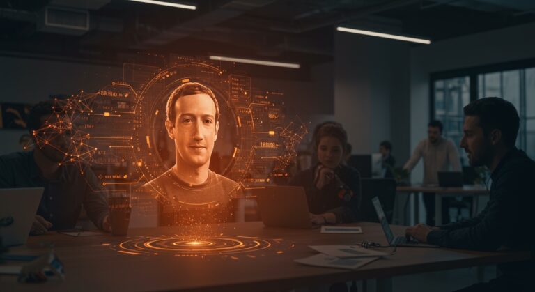 Clon digital fotorrealista de Zuckerberg en holograma interactuando con empleados, ilustrando IA para liderazgo empresarial y automatización en startups.
