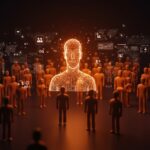 Avatar IA 3D hiperrealista de Zuckerberg interactuando con empleados, simbolizando el liderazgo digital y la innovación en startups y empresas.