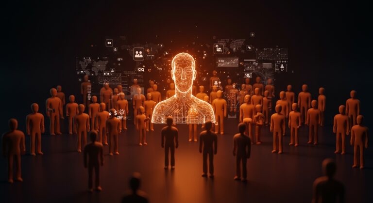 Avatar IA 3D hiperrealista de Zuckerberg interactuando con empleados, simbolizando el liderazgo digital y la innovación en startups y empresas.