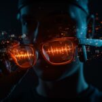 Gafas inteligentes de Meta con datos biométricos y símbolos de IA representando privacidad y controversias en tecnología wearable.