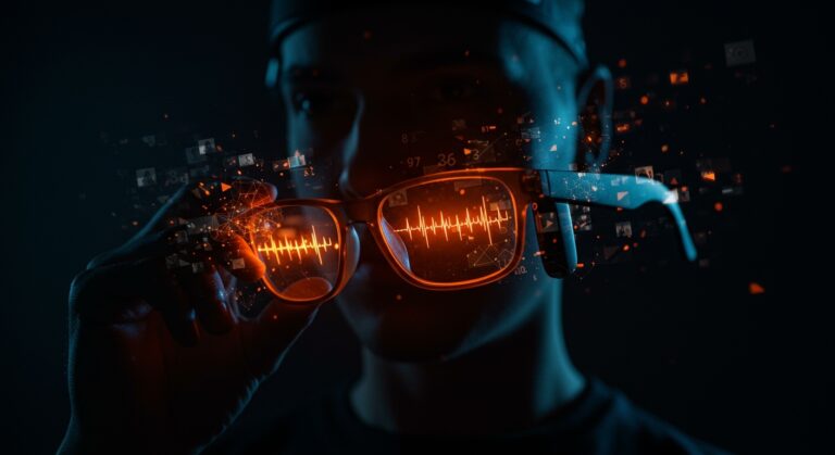 Gafas inteligentes de Meta con datos biométricos y símbolos de IA representando privacidad y controversias en tecnología wearable.