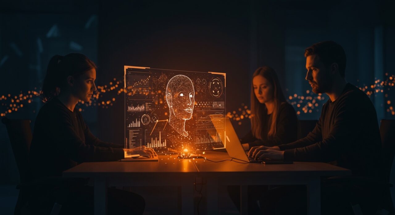 Interfaz holográfica de hyperagents auto-mejorables de Meta, mostrando inteligencia artificial aplicada para tareas no coding en un entorno de startup tecnológica.