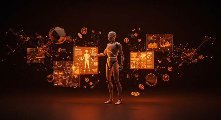 Representación visual de la inversión de $2.000M de Meta en Manus AI con agentes IA autónomos y desafíos regulatorios en China, destacando publicidad para negocios locales con inteligencia artificial.