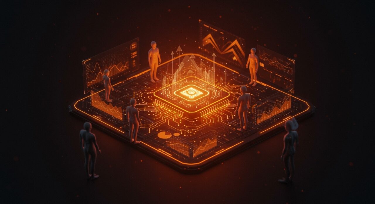 Imagen futurista del modelo de IA multimodal Meta Muse Spark mostrando interacción contemplativa y estrategia innovadora en inteligencia artificial.