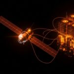 Satélite futurista capturando energía solar espacial con conexiones luminosas hacia centros de datos de IA en tecnología limpia.