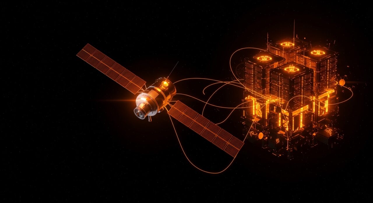 Satélite futurista capturando energía solar espacial con conexiones luminosas hacia centros de datos de IA en tecnología limpia.