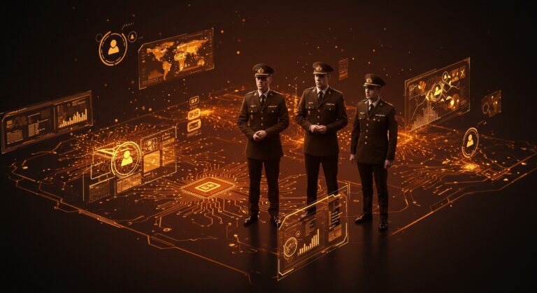 Ejecutivos de Meta, Palantir y OpenAI como tenientes coroneles en reserva militar de EEUU simbolizando la integración de IA en defensa y tecnología militar con enfoque ético.