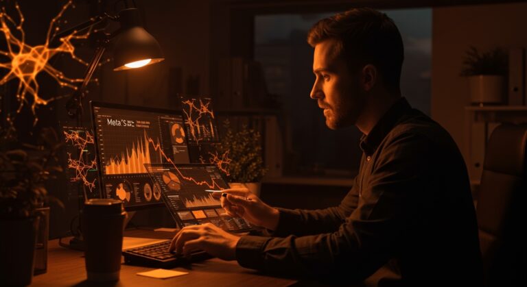 Fundador de startup analizando caída de usuarios de Meta y crecimiento de ingresos en ecosistema tech 2026.
