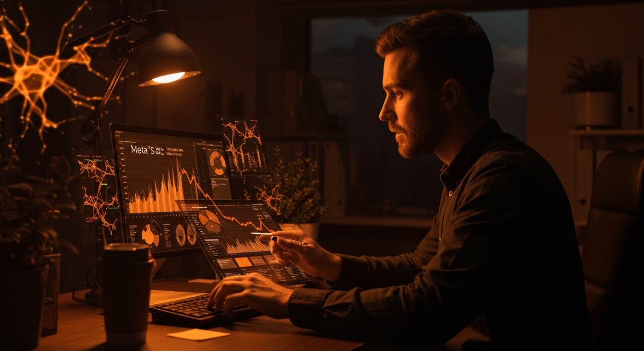Fundador de startup analizando caída de usuarios de Meta y crecimiento de ingresos en ecosistema tech 2026.