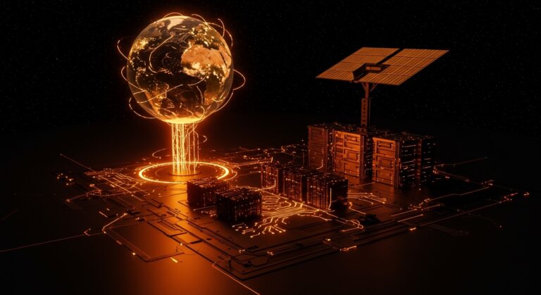 Energía solar espacial limpia impulsando centros de datos IA de Meta, ilustrando infraestructura sostenible y tecnología avanzada.