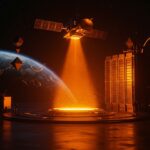 Satélite de energía solar espacial transmitiendo energía a centros de datos IA, ilustrando el acuerdo de Meta con Overview Energy y futuro de la energía renovable.