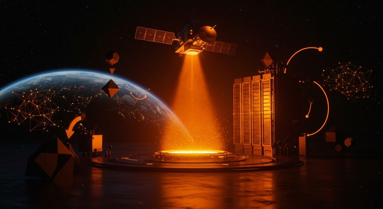 Satélite de energía solar espacial transmitiendo energía a centros de datos IA, ilustrando el acuerdo de Meta con Overview Energy y futuro de la energía renovable.