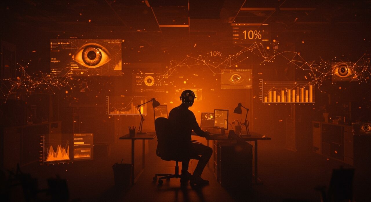 Empleados de Meta bajo vigilancia con IA y despidos, ilustrando el software de rastreo laboral y la ética en automatización para startups.