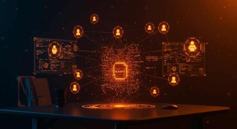 Visualización de 10 subagentes IA gestionando una enorme base de código en Clojure para automatización en Metabase, destacado en colores naranja y negro de ecosistema startup.