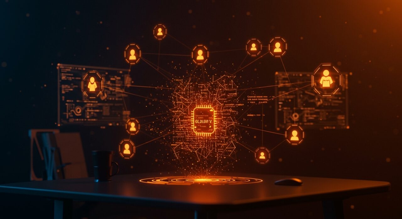 Visualización de 10 subagentes IA gestionando una enorme base de código en Clojure para automatización en Metabase, destacado en colores naranja y negro de ecosistema startup.