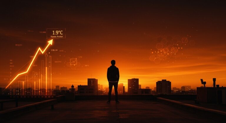 Founder mexicano observando datos digitales de calentamiento global y cambio climático con impacto económico en startups y mercado 2026.