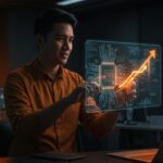 Emprendedor mexicano en entorno tecnológico con mapa digital de semiconductores, representando plan maestro y oportunidades de startups en manufactura avanzada y nearshoring.