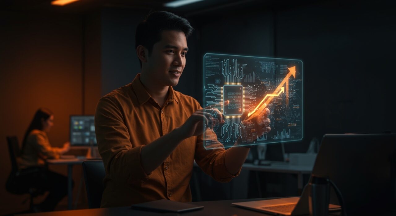 Emprendedor mexicano en entorno tecnológico con mapa digital de semiconductores, representando plan maestro y oportunidades de startups en manufactura avanzada y nearshoring.