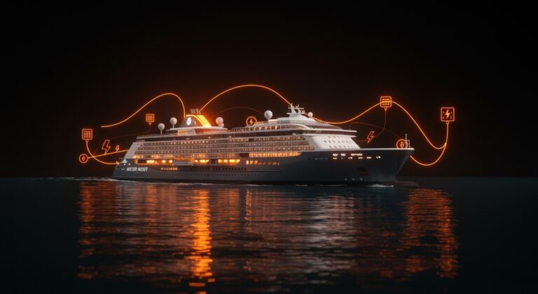 Crucero eléctrico Meyer Werft Project Vision navegando, representando innovación en transporte marítimo sostenible y cero emisiones.